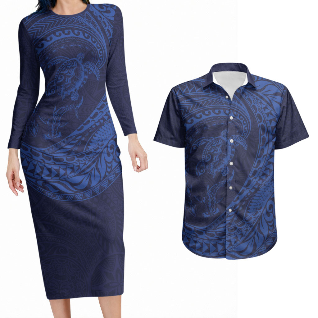 Hawaiian Turtle and Shark Couples Matching Long Sleeve Bodycon Dress and Hawaiian Shirt Kakau Tribal with Polynesian Pattern Blue Color