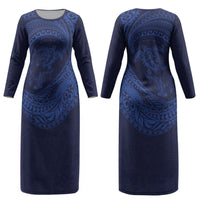 Hawaiian Turtle and Shark Couples Matching Long Sleeve Bodycon Dress and Hawaiian Shirt Kakau Tribal with Polynesian Pattern Blue Color