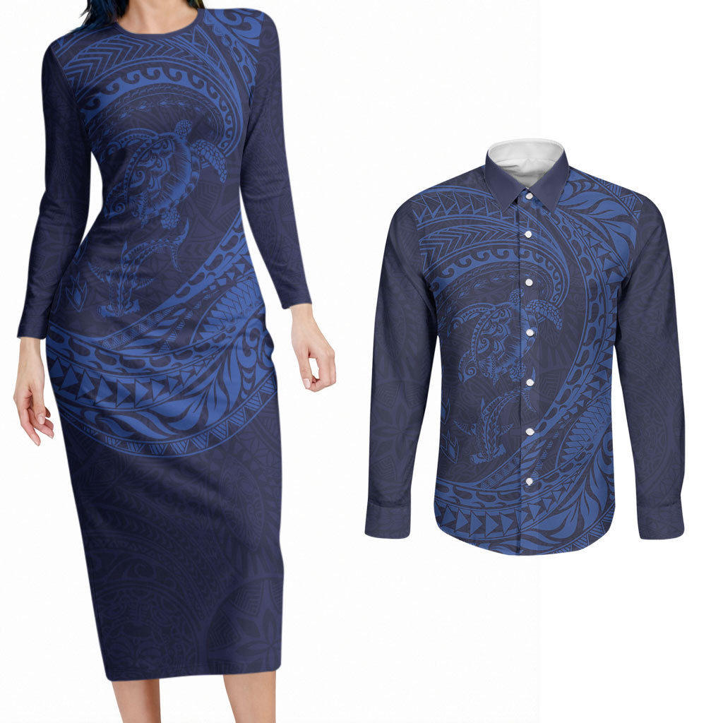 Hawaiian Turtle and Shark Couples Matching Long Sleeve Bodycon Dress and Long Sleeve Button Shirt Kakau Tribal with Polynesian Pattern Blue Color