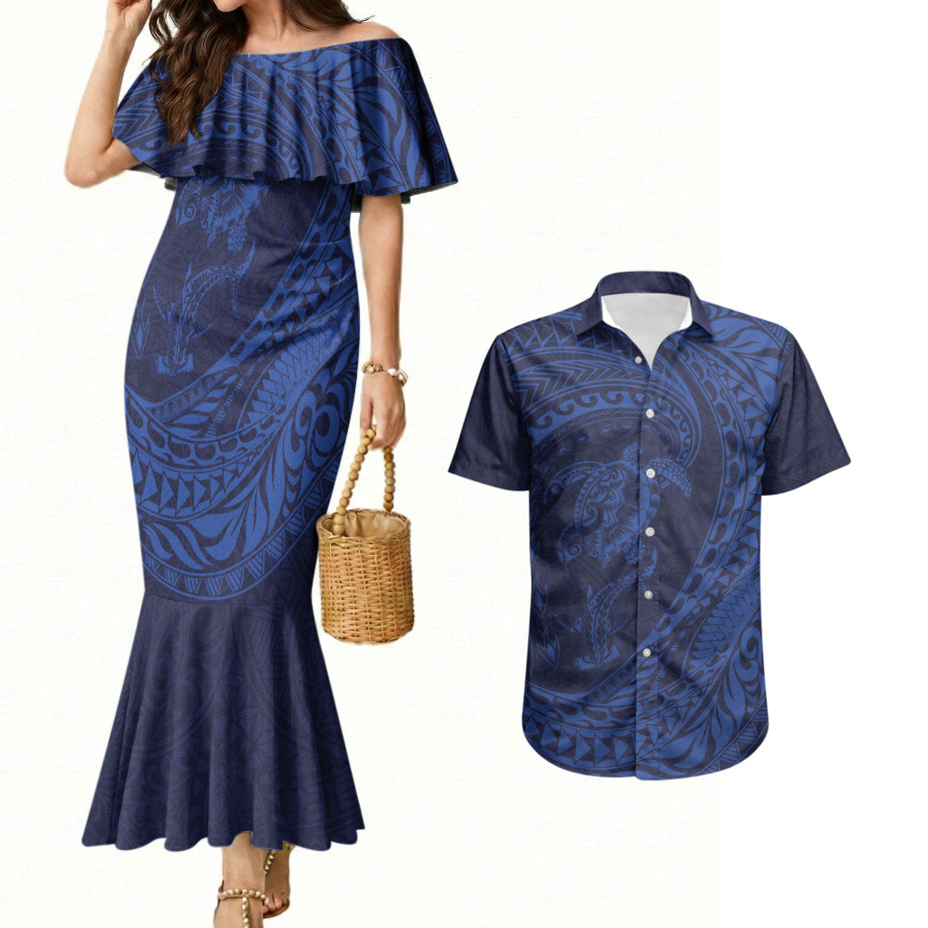 Hawaiian Turtle and Shark Couples Matching Mermaid Dress and Hawaiian Shirt Kakau Tribal with Polynesian Pattern Blue Color