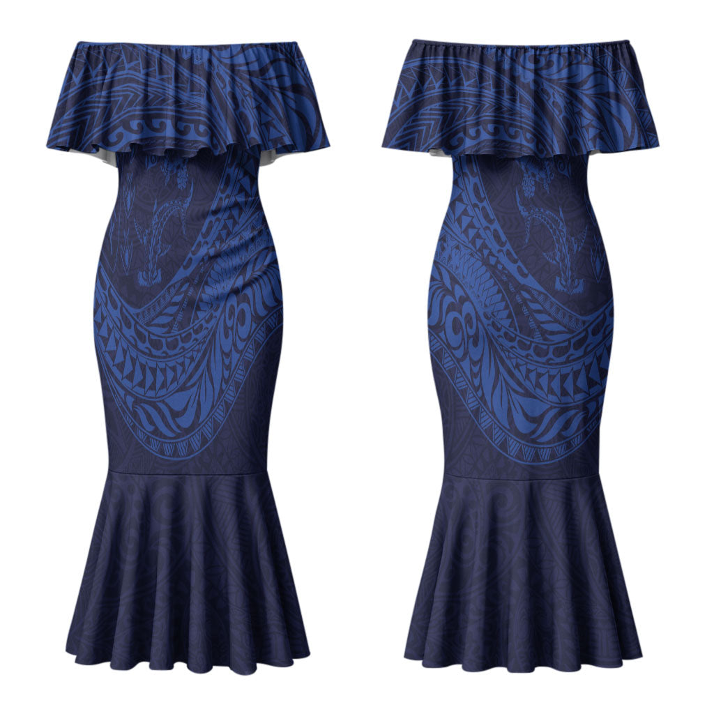 Hawaiian Turtle and Shark Couples Matching Mermaid Dress and Hawaiian Shirt Kakau Tribal with Polynesian Pattern Blue Color