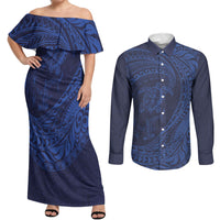 Hawaiian Turtle and Shark Couples Matching Off Shoulder Maxi Dress and Long Sleeve Button Shirt Kakau Tribal with Polynesian Pattern Blue Color