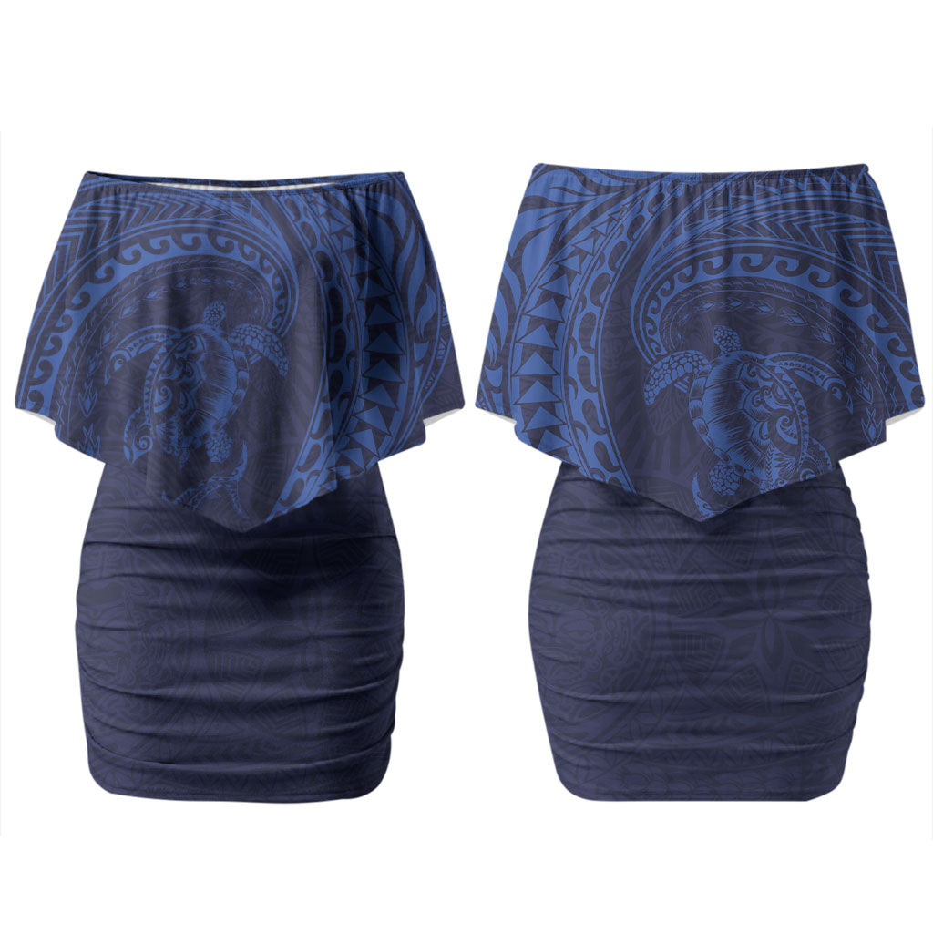 Hawaiian Turtle and Shark Couples Matching Off Shoulder Short Dress and Long Sleeve Button Shirt Kakau Tribal with Polynesian Pattern Blue Color