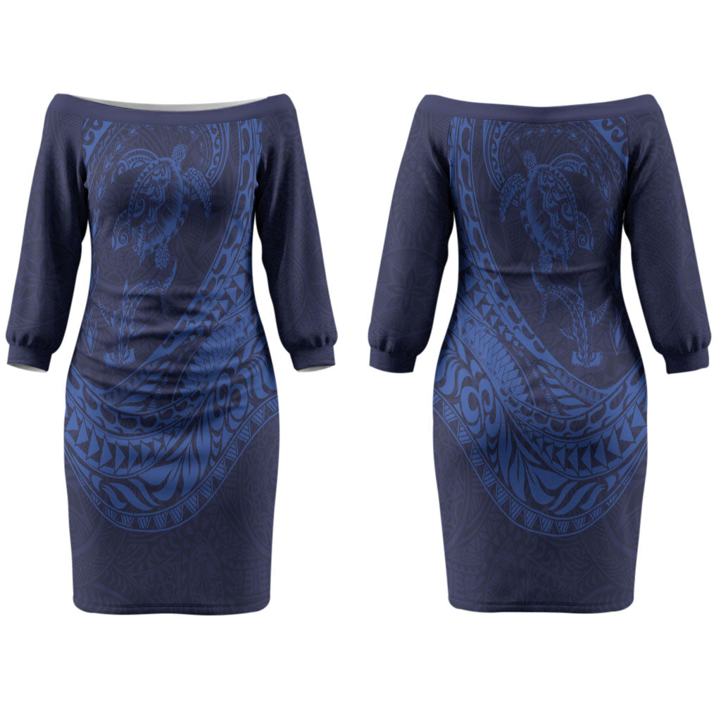 Hawaiian Turtle and Shark Couples Matching Off The Shoulder Long Sleeve Dress and Hawaiian Shirt Kakau Tribal with Polynesian Pattern Blue Color