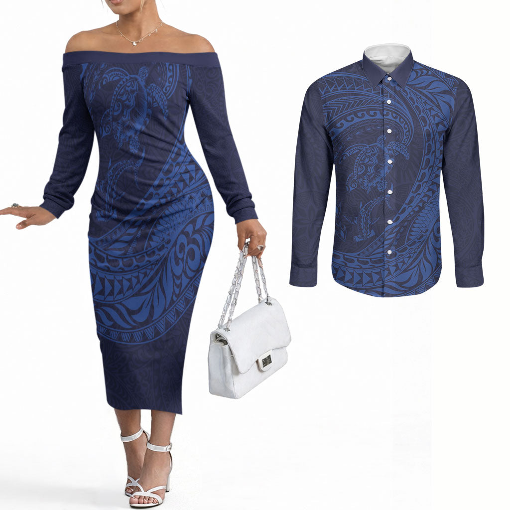 Hawaiian Turtle and Shark Couples Matching Off The Shoulder Long Sleeve Dress and Long Sleeve Button Shirt Kakau Tribal with Polynesian Pattern Blue Color