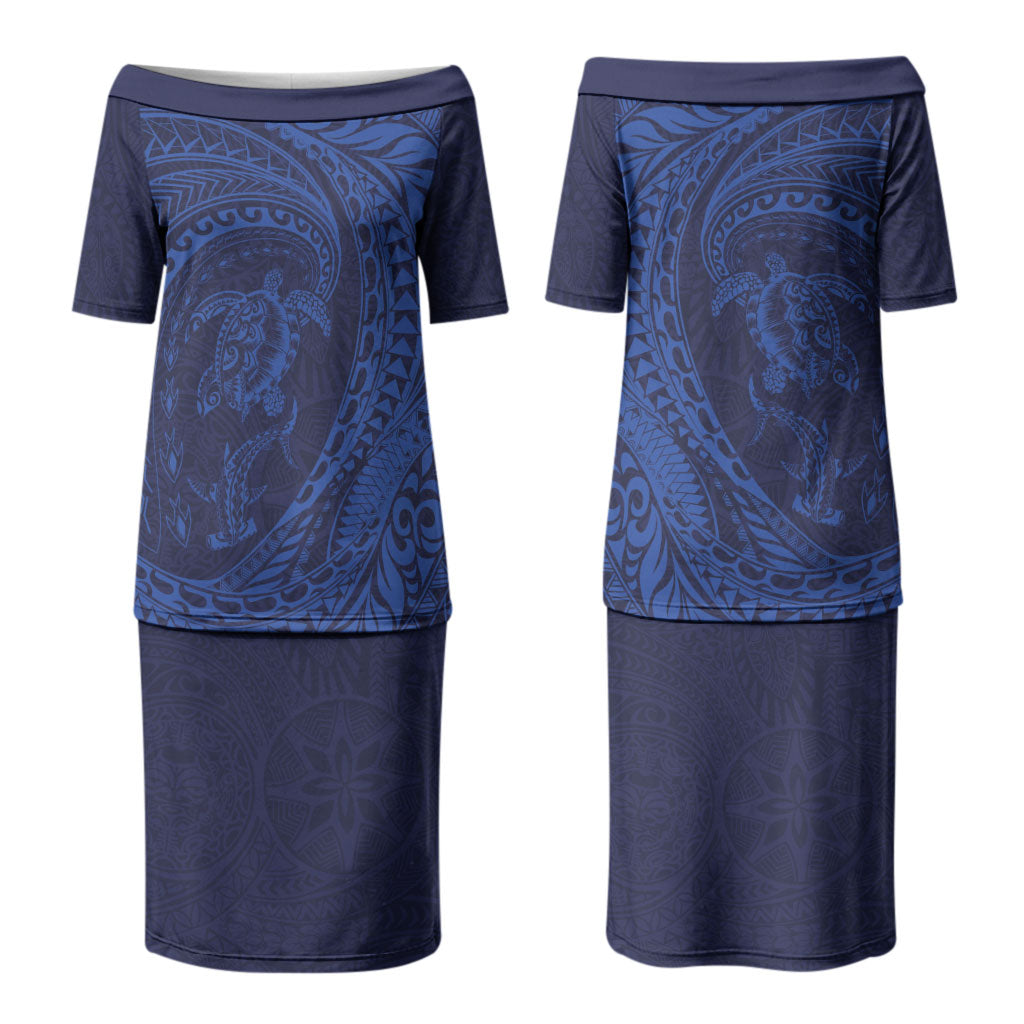 Hawaiian Turtle and Shark Couples Matching Puletasi and Hawaiian Shirt Kakau Tribal with Polynesian Pattern Blue Color