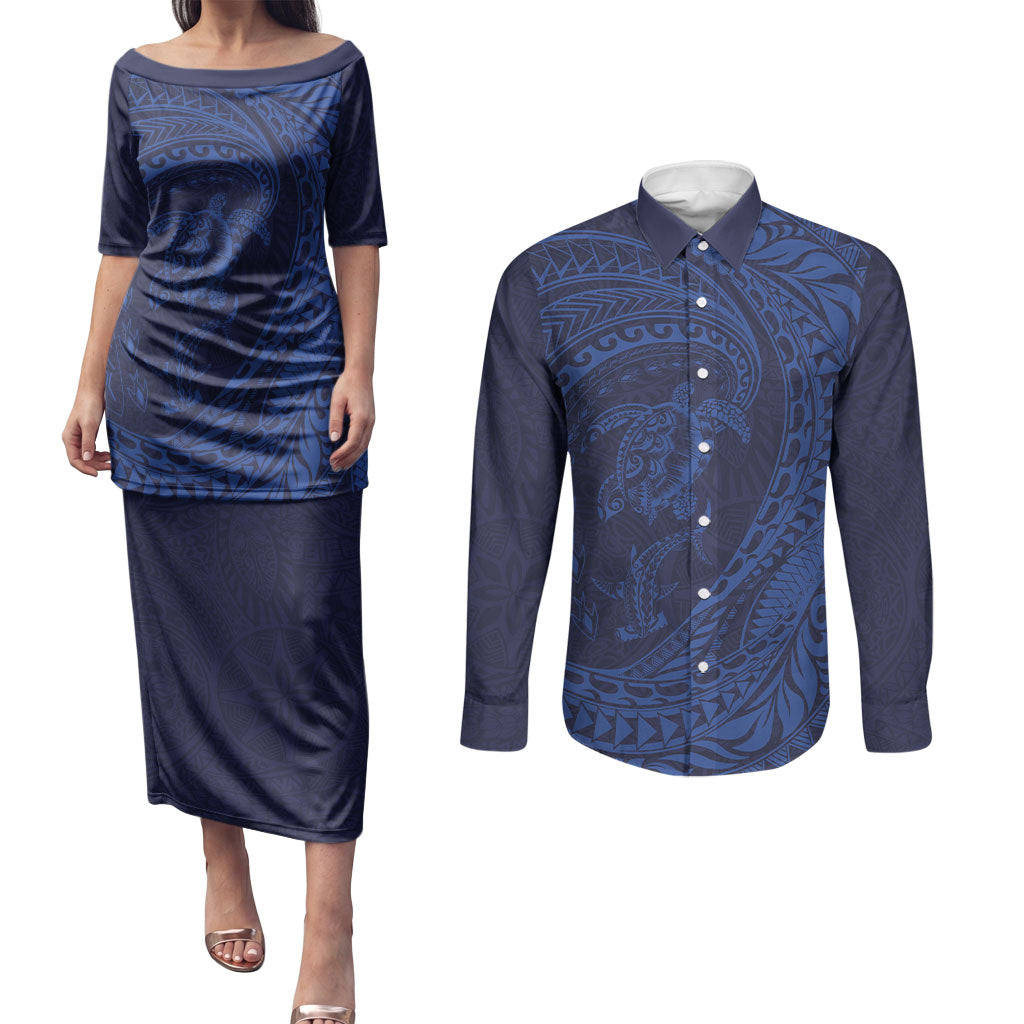 Hawaiian Turtle and Shark Couples Matching Puletasi and Long Sleeve Button Shirt Kakau Tribal with Polynesian Pattern Blue Color