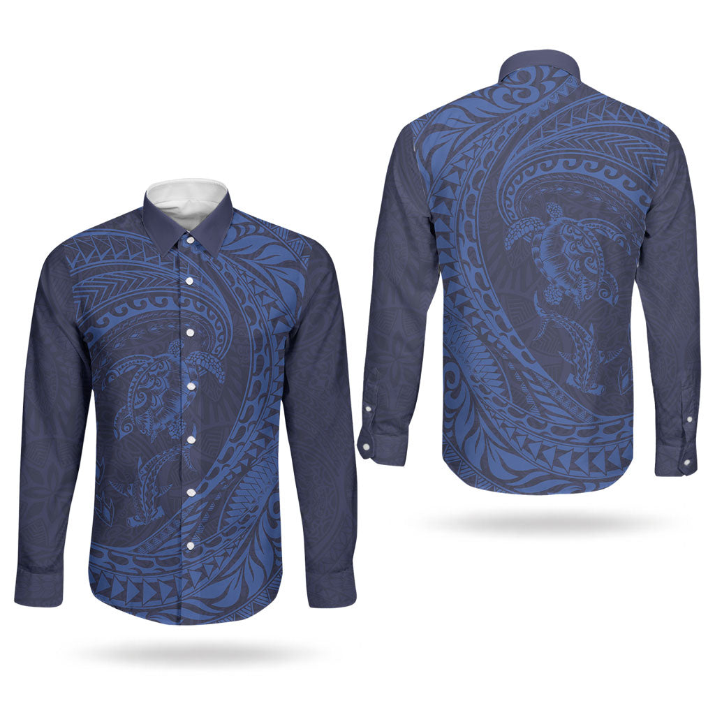 Hawaiian Turtle and Shark Couples Matching Puletasi and Long Sleeve Button Shirt Kakau Tribal with Polynesian Pattern Blue Color