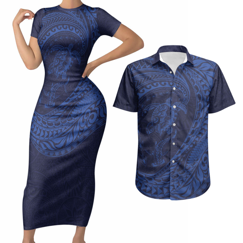 Hawaiian Turtle and Shark Couples Matching Short Sleeve Bodycon Dress and Hawaiian Shirt Kakau Tribal with Polynesian Pattern Blue Color