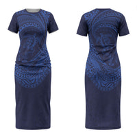 Hawaiian Turtle and Shark Couples Matching Short Sleeve Bodycon Dress and Hawaiian Shirt Kakau Tribal with Polynesian Pattern Blue Color