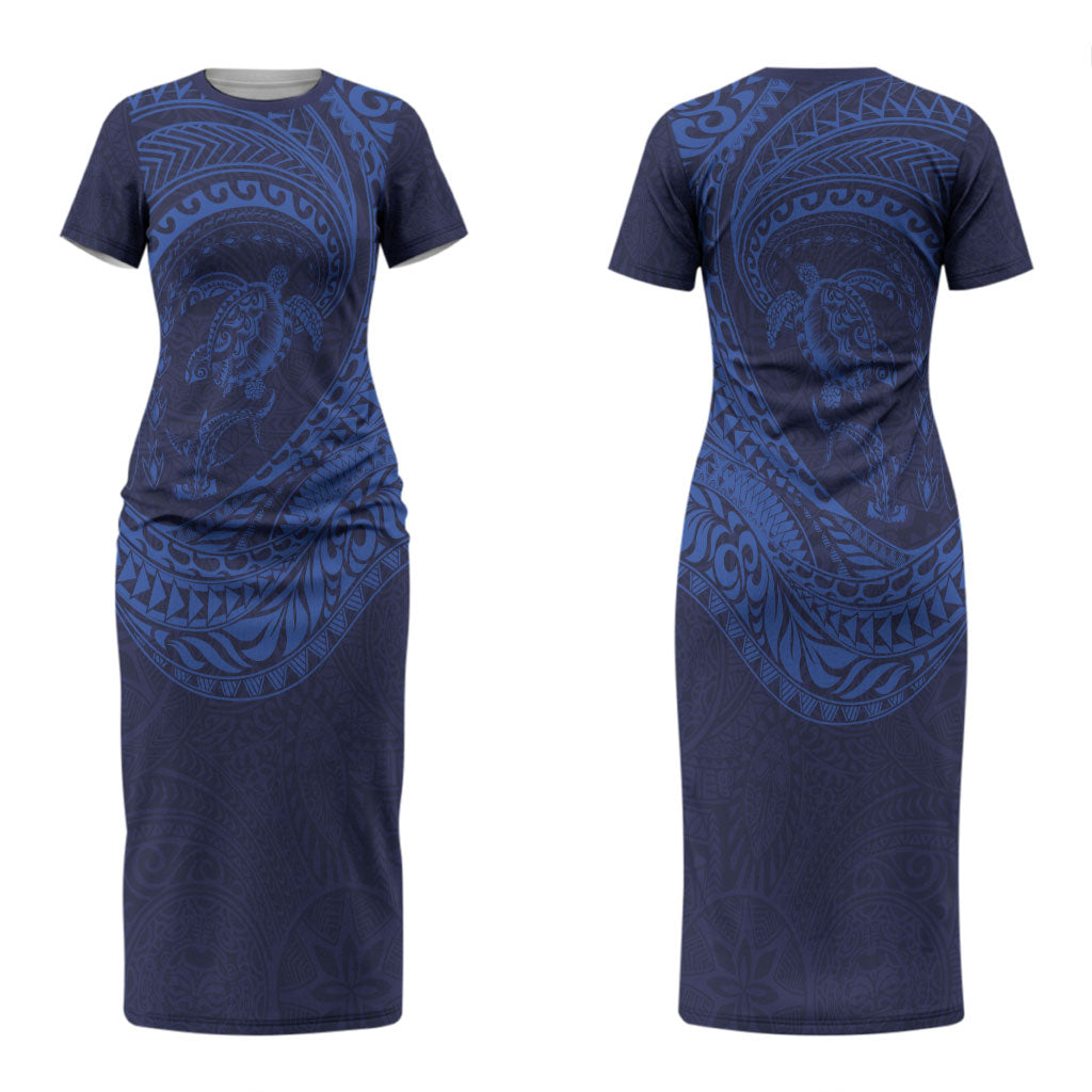Hawaiian Turtle and Shark Couples Matching Short Sleeve Bodycon Dress and Long Sleeve Button Shirt Kakau Tribal with Polynesian Pattern Blue Color