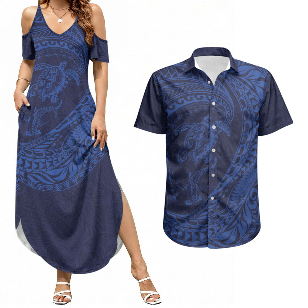 Hawaiian Turtle and Shark Couples Matching Summer Maxi Dress and Hawaiian Shirt Kakau Tribal with Polynesian Pattern Blue Color
