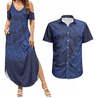 Hawaiian Turtle and Shark Couples Matching Summer Maxi Dress and Hawaiian Shirt Kakau Tribal with Polynesian Pattern Blue Color