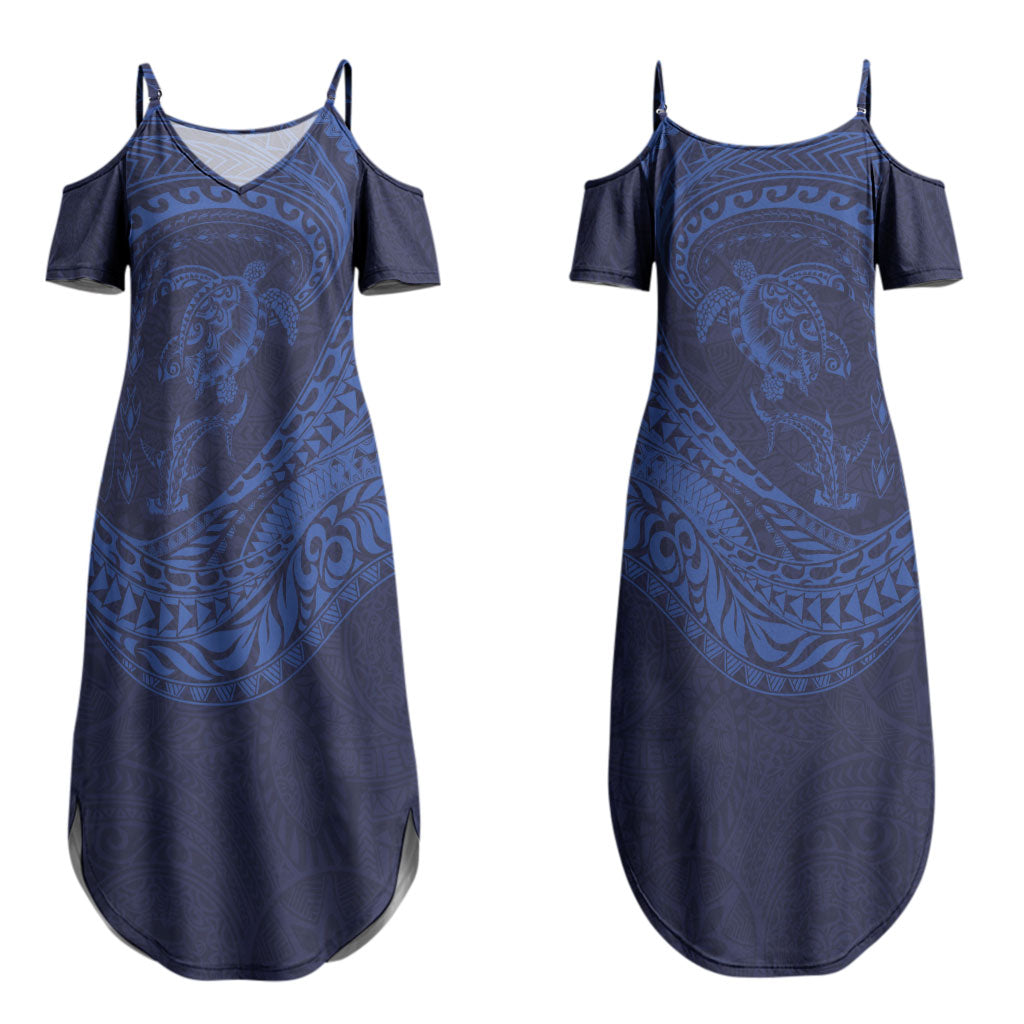 Hawaiian Turtle and Shark Couples Matching Summer Maxi Dress and Long Sleeve Button Shirt Kakau Tribal with Polynesian Pattern Blue Color