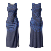 Hawaiian Turtle and Shark Couples Matching Tank Maxi Dress and Hawaiian Shirt Kakau Tribal with Polynesian Pattern Blue Color