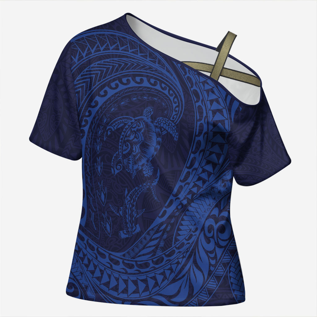 Hawaiian Turtle and Shark Cross Shoulder Shirt Kakau Tribal with Polynesian Pattern Blue Color