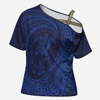 Hawaiian Turtle and Shark Cross Shoulder Shirt Kakau Tribal with Polynesian Pattern Blue Color
