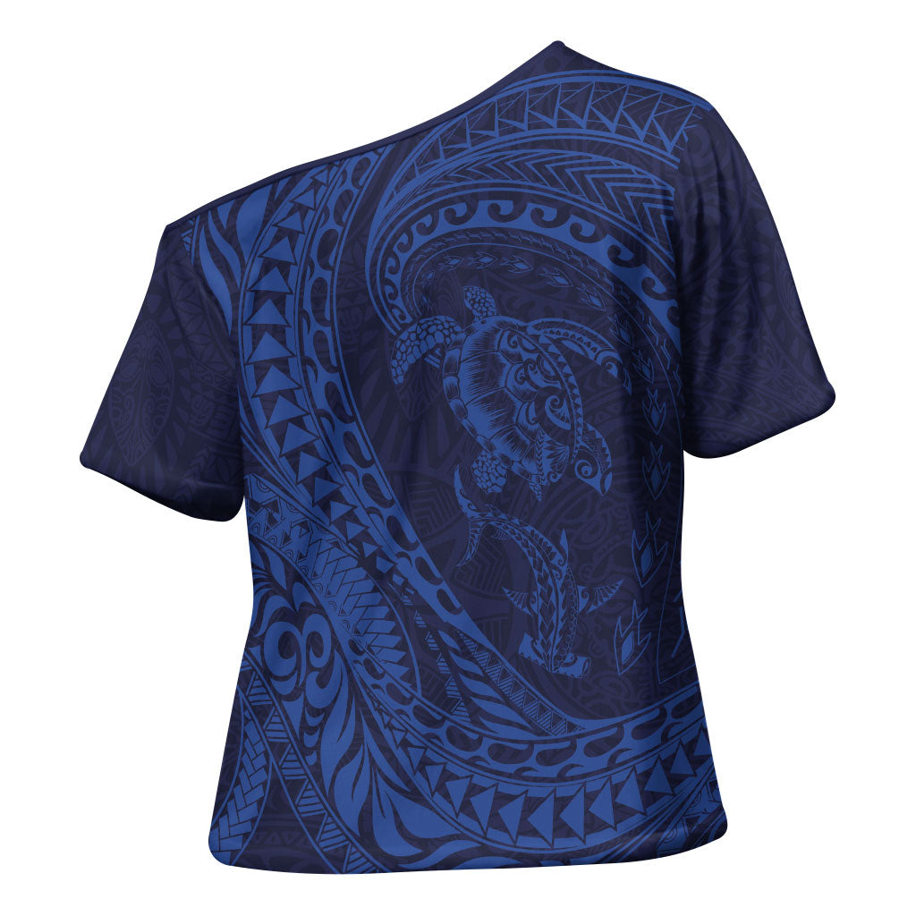Hawaiian Turtle and Shark Cross Shoulder Shirt Kakau Tribal with Polynesian Pattern Blue Color