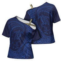 Hawaiian Turtle and Shark Cross Shoulder Shirt Kakau Tribal with Polynesian Pattern Blue Color