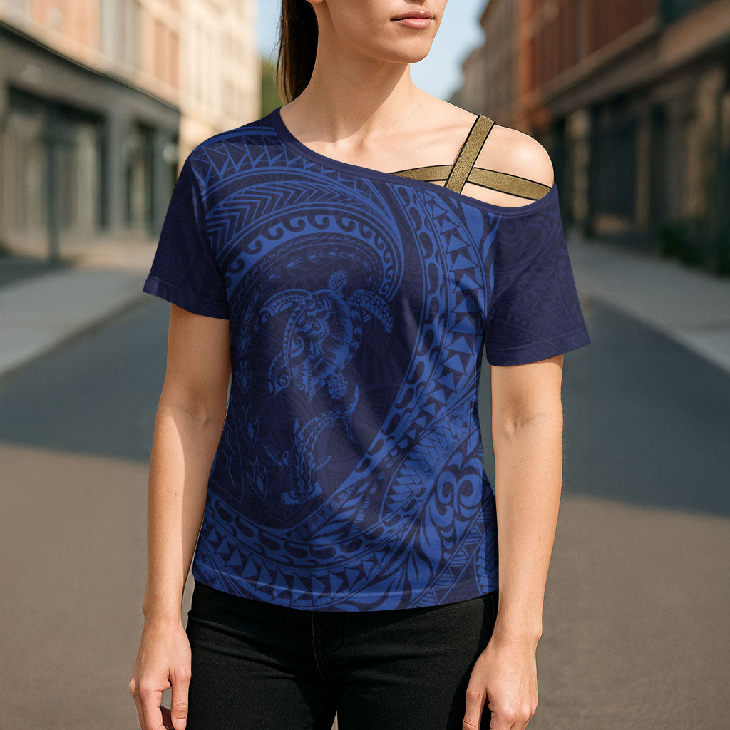 Hawaiian Turtle and Shark Cross Shoulder Shirt Kakau Tribal with Polynesian Pattern Blue Color