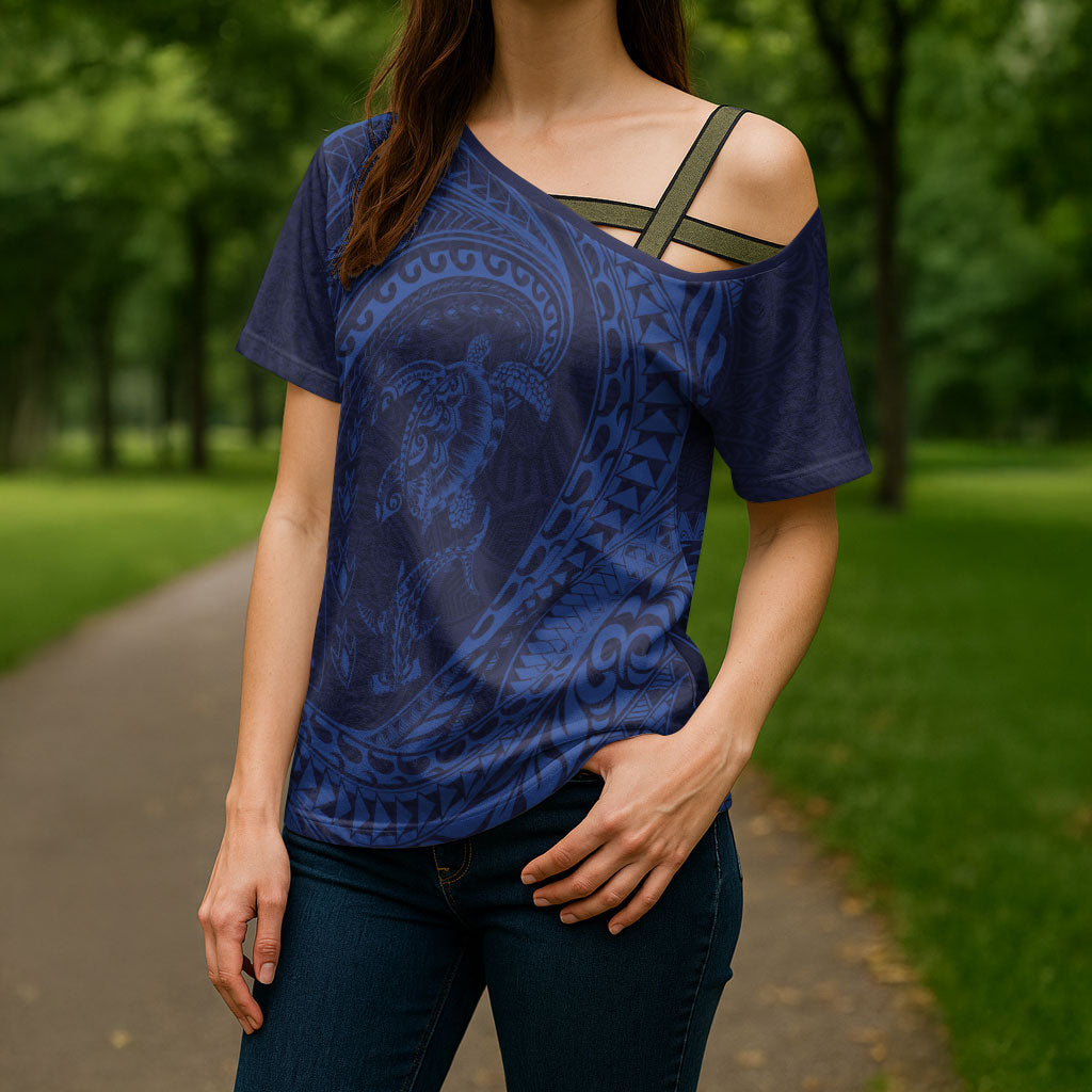 Hawaiian Turtle and Shark Cross Shoulder Shirt Kakau Tribal with Polynesian Pattern Blue Color