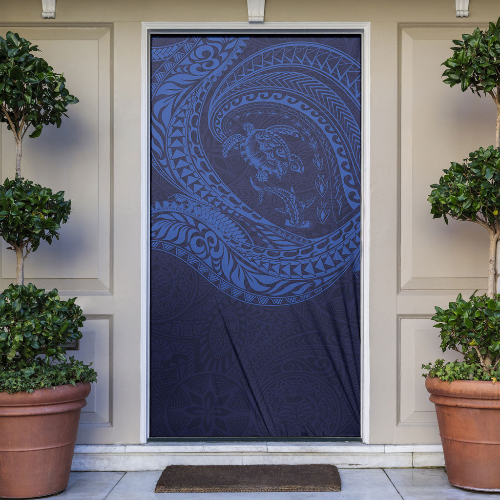 Hawaiian Turtle and Shark Door Cover Kakau Tribal with Polynesian Pattern Blue Color