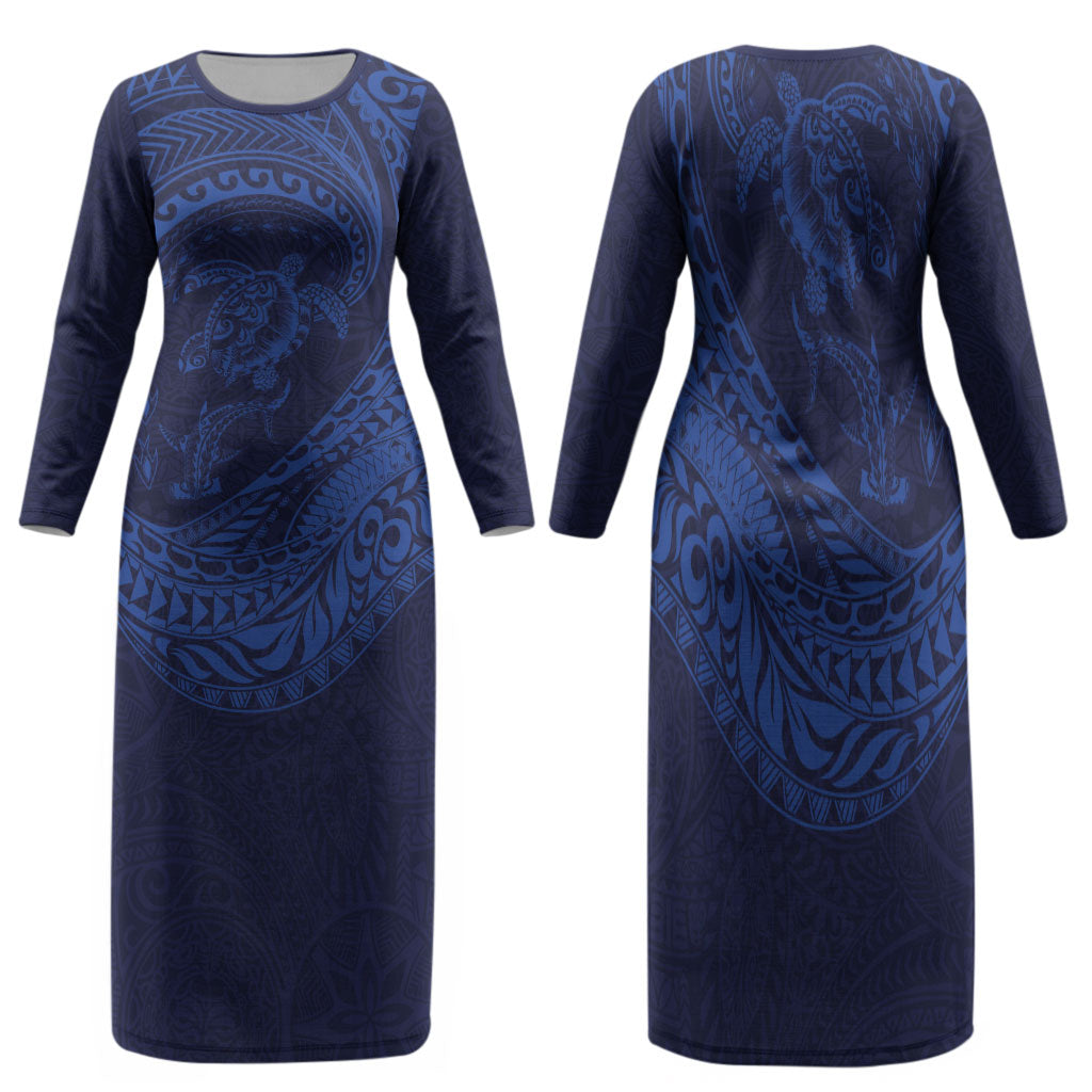 Hawaiian Turtle and Shark Family Matching Long Sleeve Bodycon Dress and Hawaiian Shirt Kakau Tribal with Polynesian Pattern Blue Color