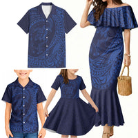Hawaiian Turtle and Shark Family Matching Mermaid Dress and Hawaiian Shirt Kakau Tribal with Polynesian Pattern Blue Color