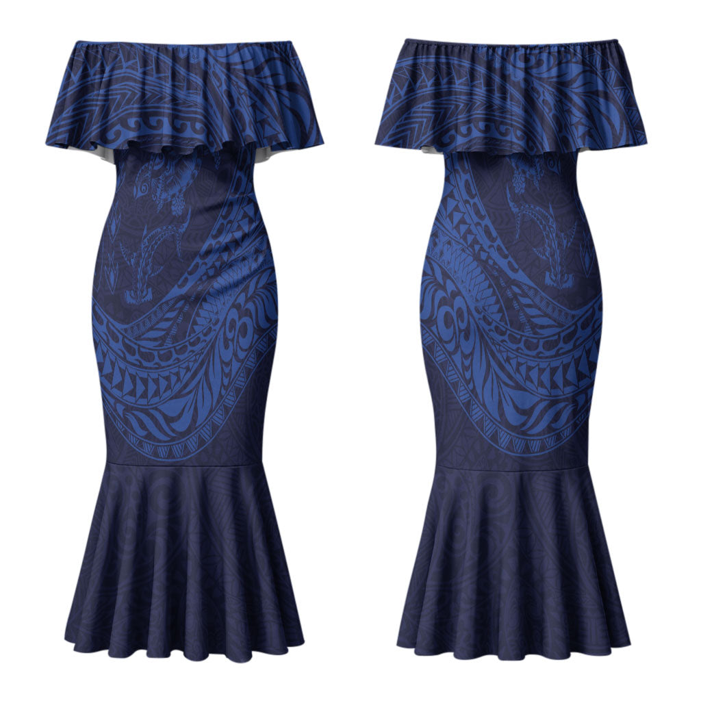 Hawaiian Turtle and Shark Family Matching Mermaid Dress and Hawaiian Shirt Kakau Tribal with Polynesian Pattern Blue Color