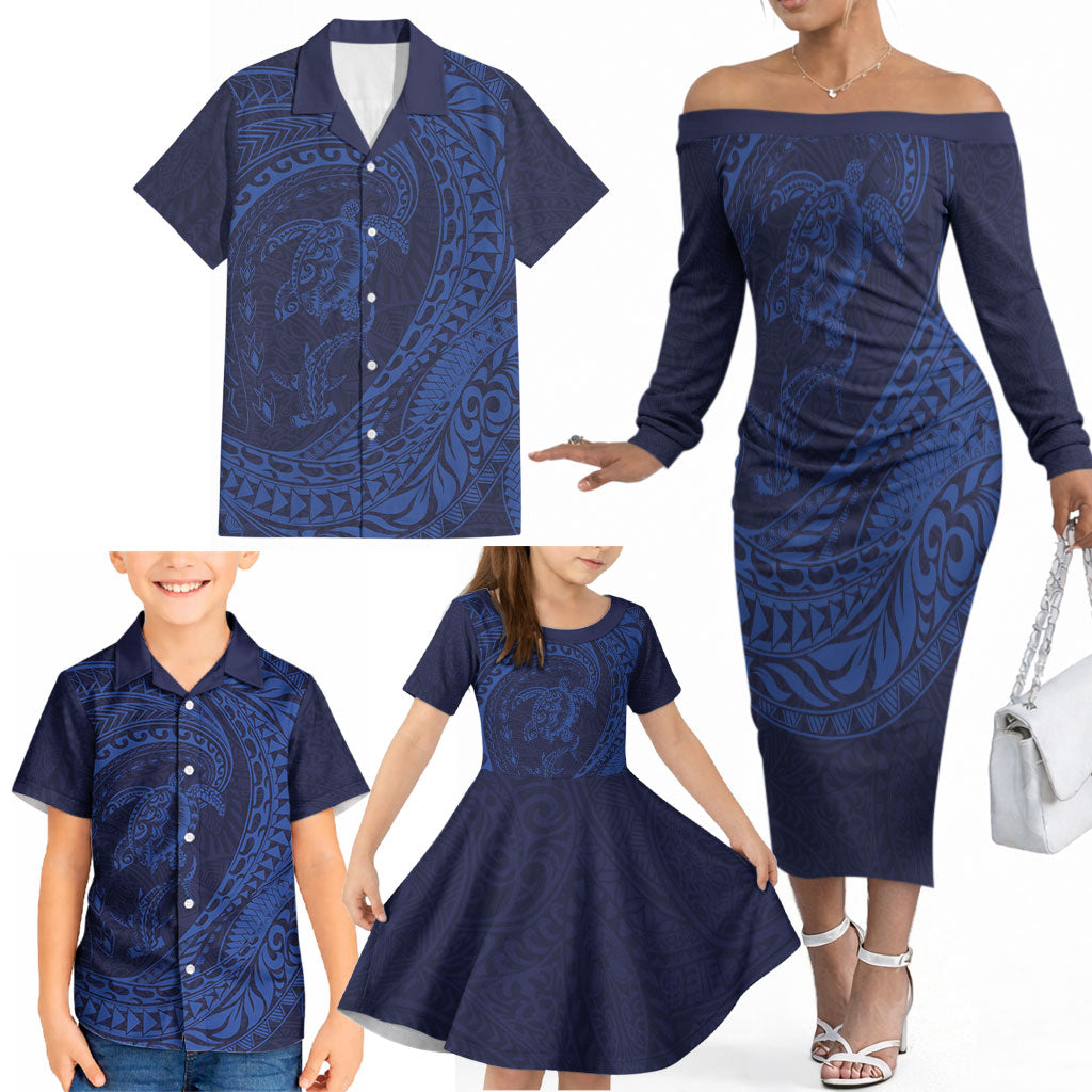 Hawaiian Turtle and Shark Family Matching Off The Shoulder Long Sleeve Dress and Hawaiian Shirt Kakau Tribal with Polynesian Pattern Blue Color