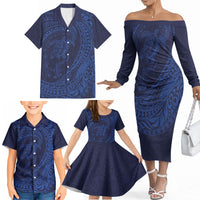 Hawaiian Turtle and Shark Family Matching Off The Shoulder Long Sleeve Dress and Hawaiian Shirt Kakau Tribal with Polynesian Pattern Blue Color