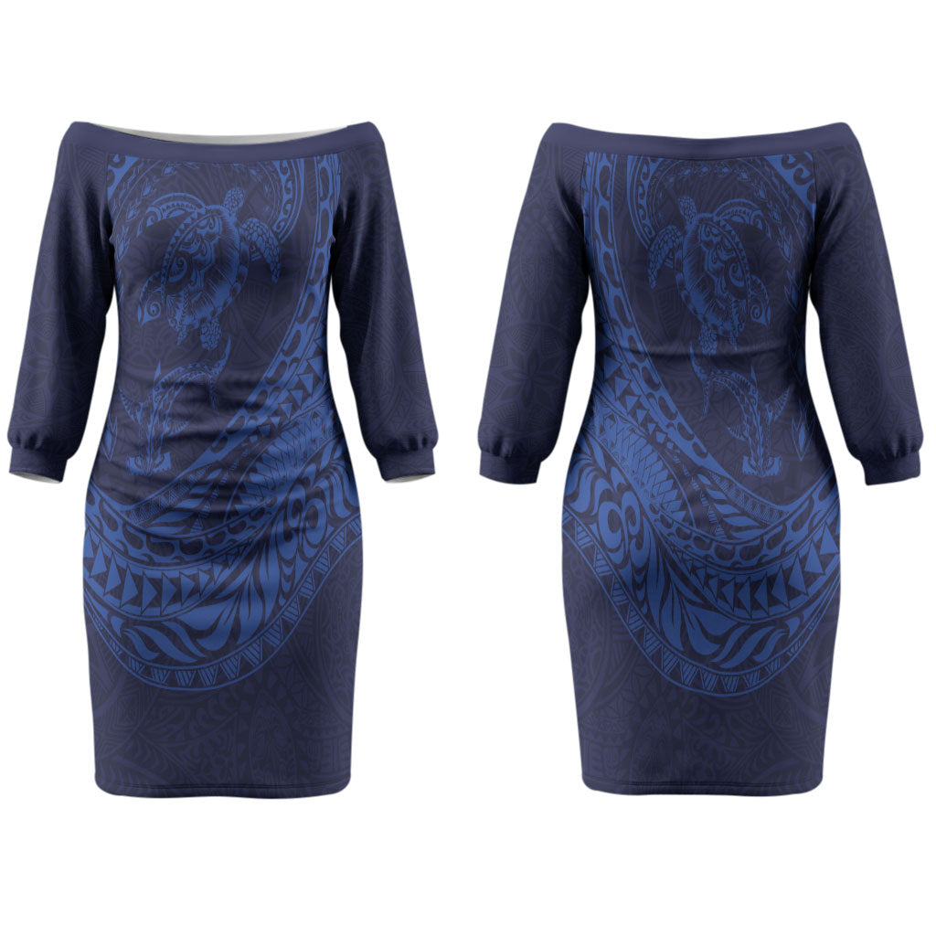 Hawaiian Turtle and Shark Family Matching Off The Shoulder Long Sleeve Dress and Hawaiian Shirt Kakau Tribal with Polynesian Pattern Blue Color