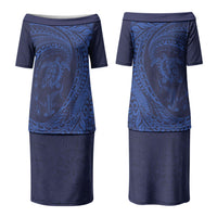 Hawaiian Turtle and Shark Family Matching Puletasi and Hawaiian Shirt Kakau Tribal with Polynesian Pattern Blue Color