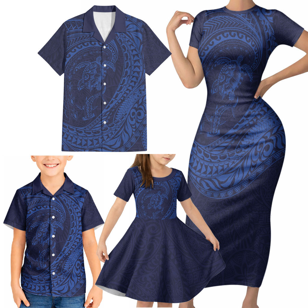 Hawaiian Turtle and Shark Family Matching Short Sleeve Bodycon Dress and Hawaiian Shirt Kakau Tribal with Polynesian Pattern Blue Color