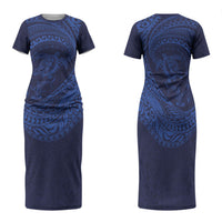 Hawaiian Turtle and Shark Family Matching Short Sleeve Bodycon Dress and Hawaiian Shirt Kakau Tribal with Polynesian Pattern Blue Color