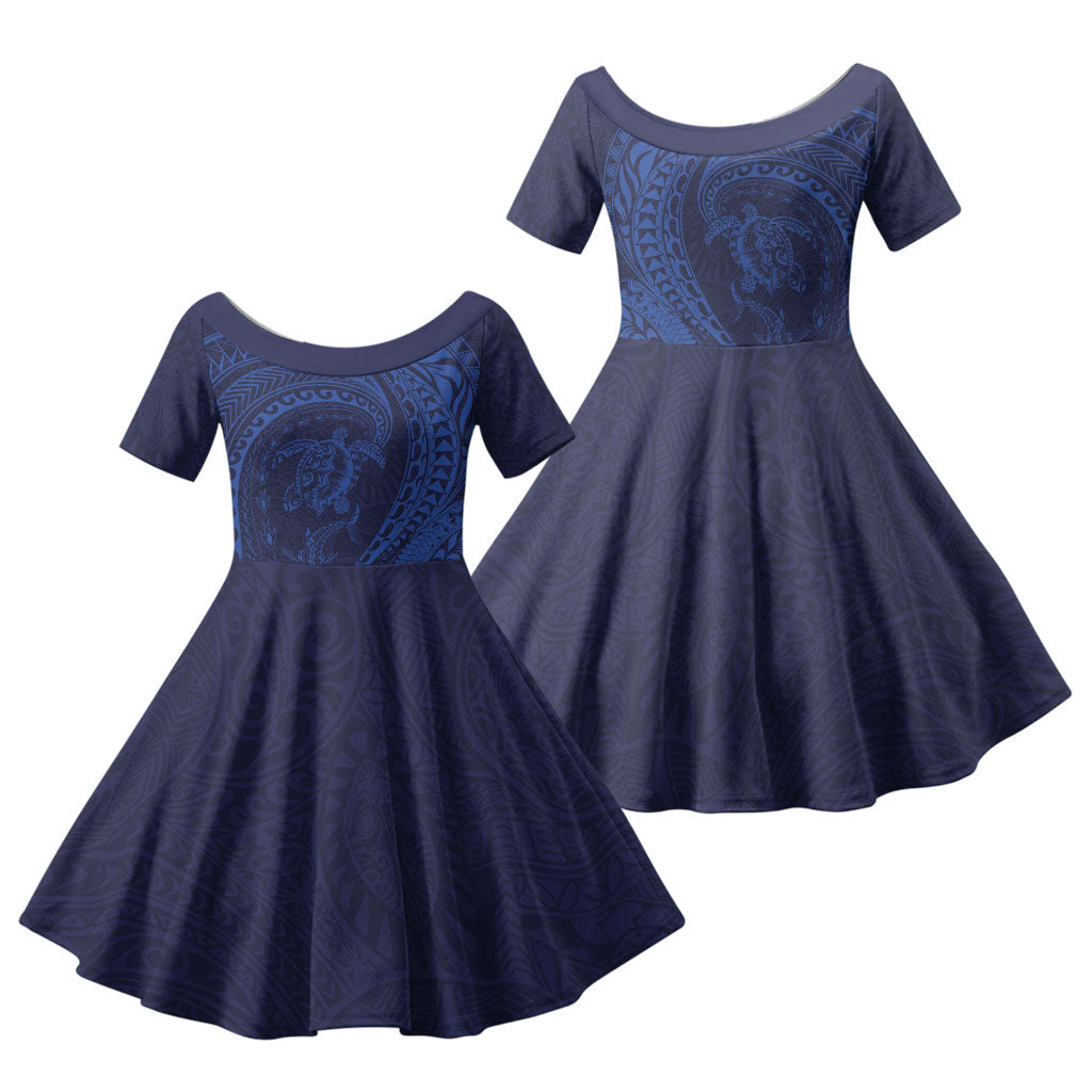 Hawaiian Turtle and Shark Family Matching Short Sleeve Bodycon Dress and Hawaiian Shirt Kakau Tribal with Polynesian Pattern Blue Color