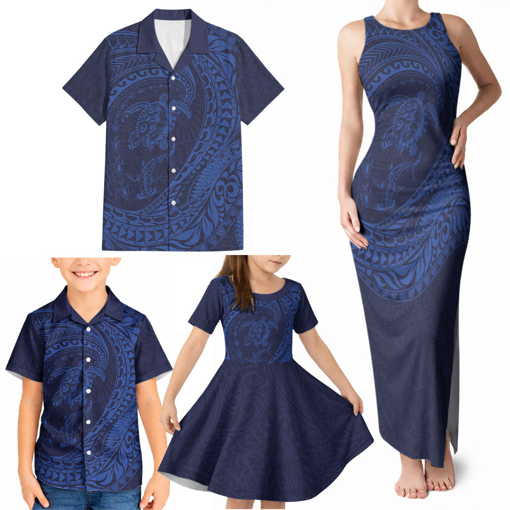 Hawaiian Turtle and Shark Family Matching Tank Maxi Dress and Hawaiian Shirt Kakau Tribal with Polynesian Pattern Blue Color