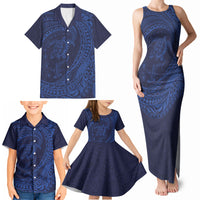 Hawaiian Turtle and Shark Family Matching Tank Maxi Dress and Hawaiian Shirt Kakau Tribal with Polynesian Pattern Blue Color