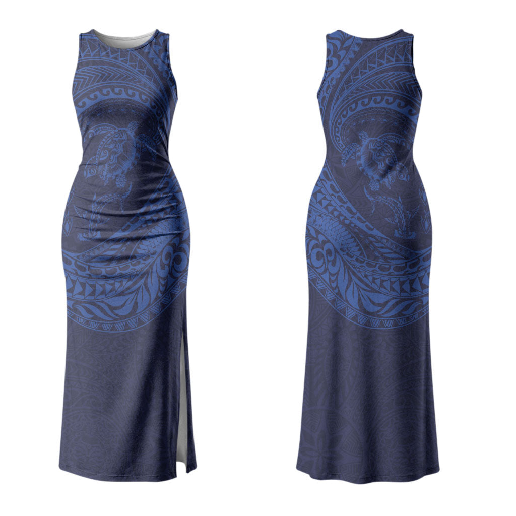 Hawaiian Turtle and Shark Family Matching Tank Maxi Dress and Hawaiian Shirt Kakau Tribal with Polynesian Pattern Blue Color