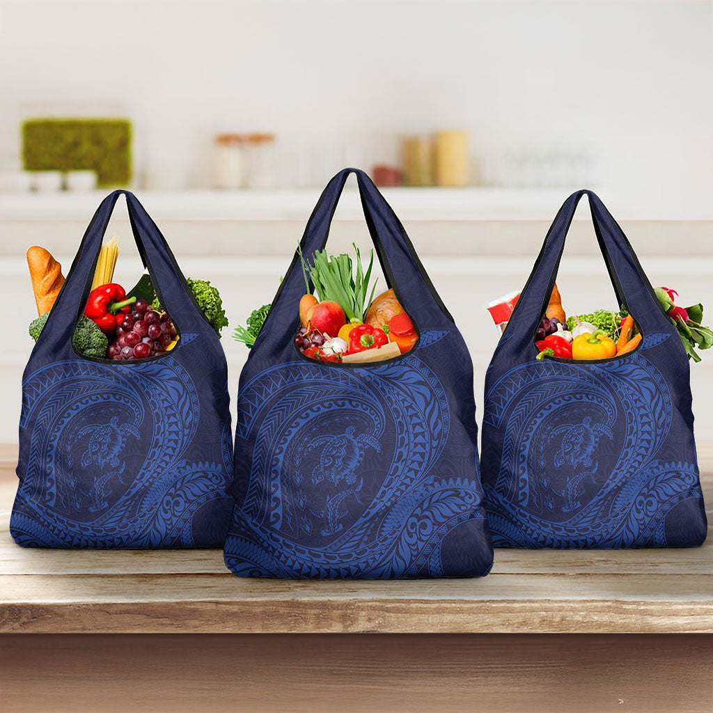 Hawaiian Turtle and Shark Grocery Bag Kakau Tribal with Polynesian Pattern Blue Color