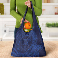 Hawaiian Turtle and Shark Grocery Bag Kakau Tribal with Polynesian Pattern Blue Color