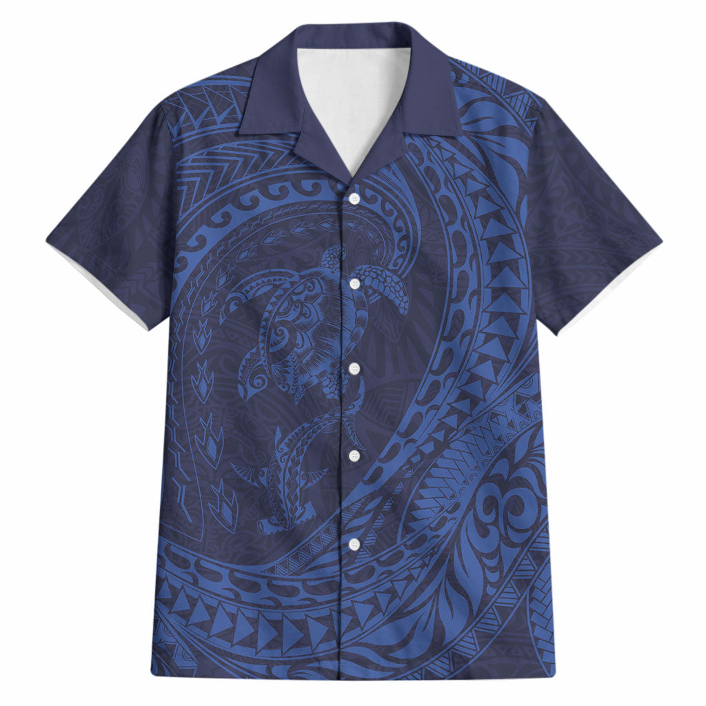 Hawaiian Turtle and Shark Hawaiian Shirt Kakau Tribal with Polynesian Pattern Blue Color