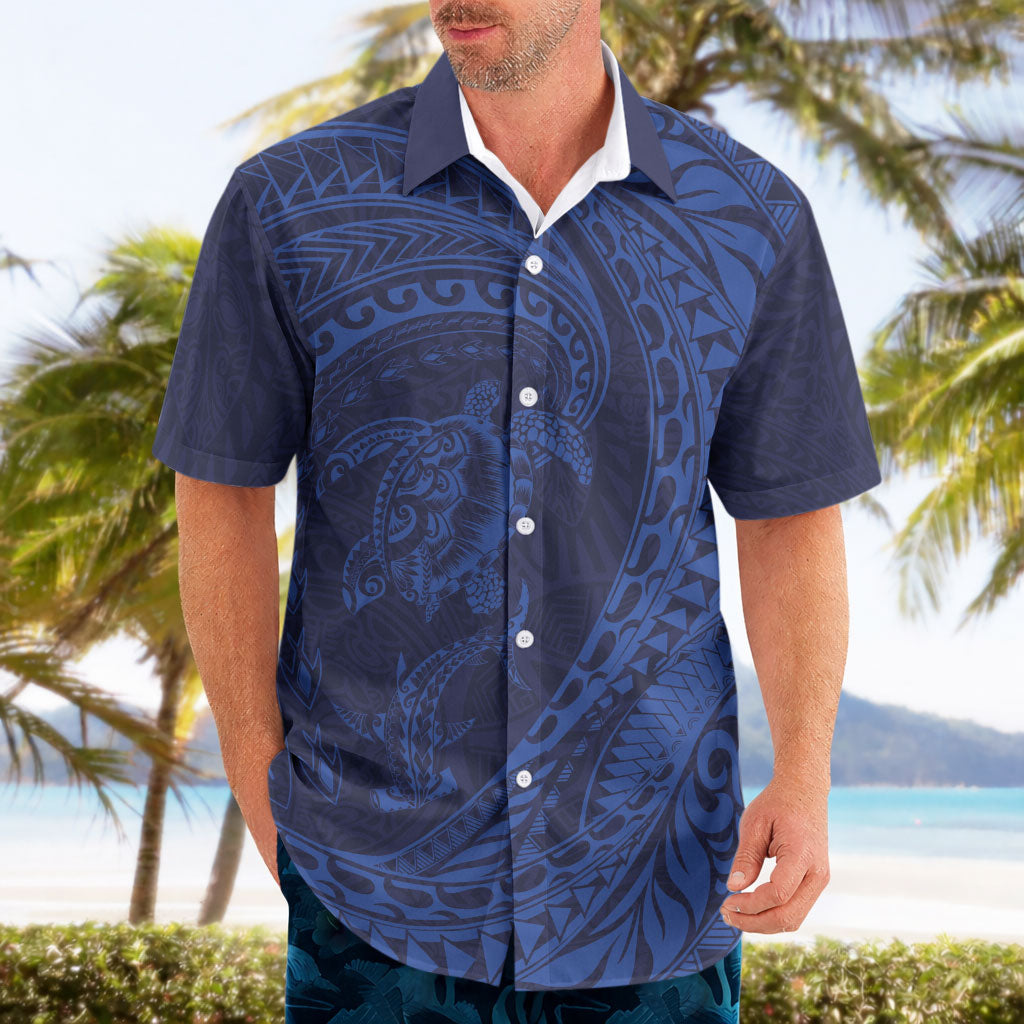 Hawaiian Turtle and Shark Hawaiian Shirt Kakau Tribal with Polynesian Pattern Blue Color
