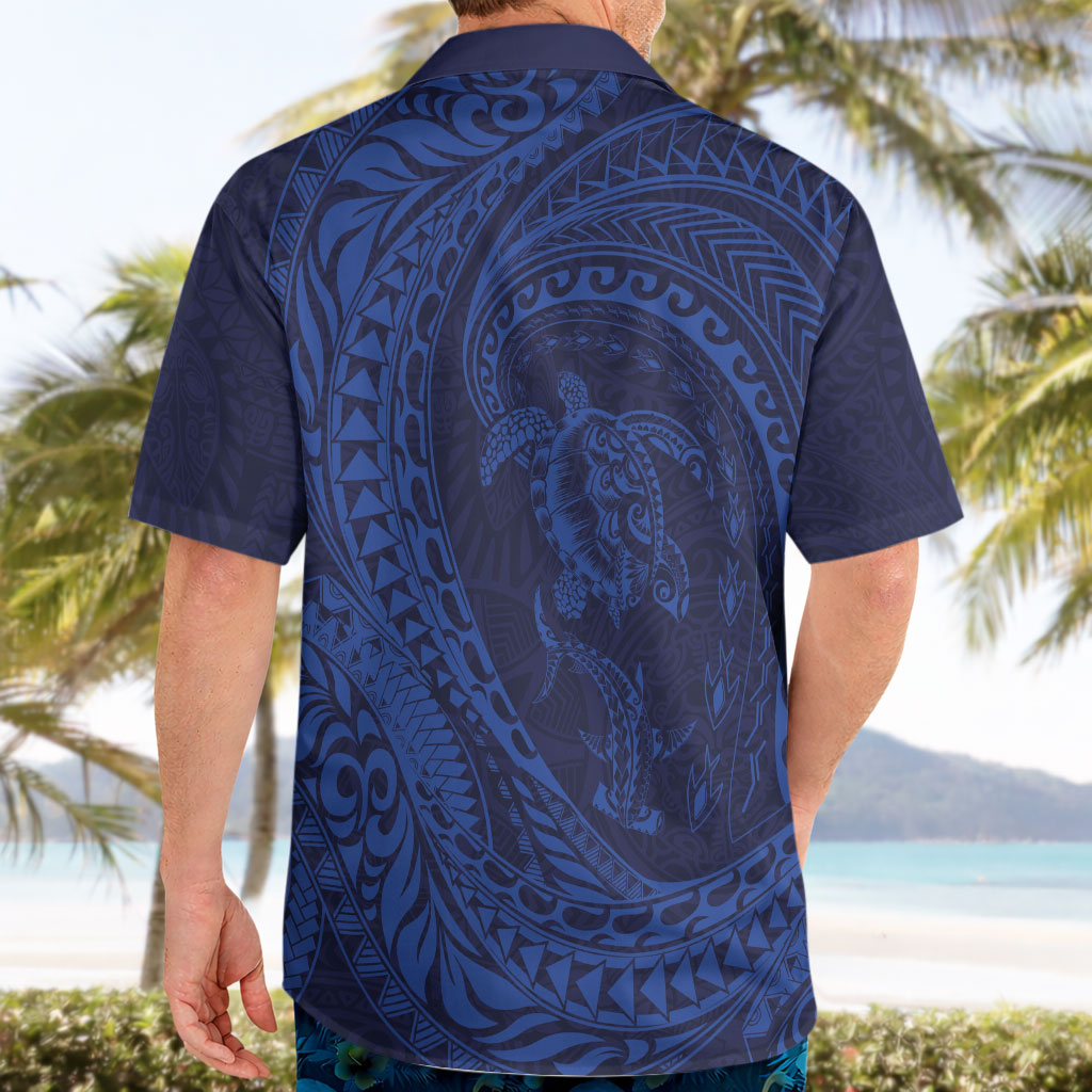 Hawaiian Turtle and Shark Hawaiian Shirt Kakau Tribal with Polynesian Pattern Blue Color