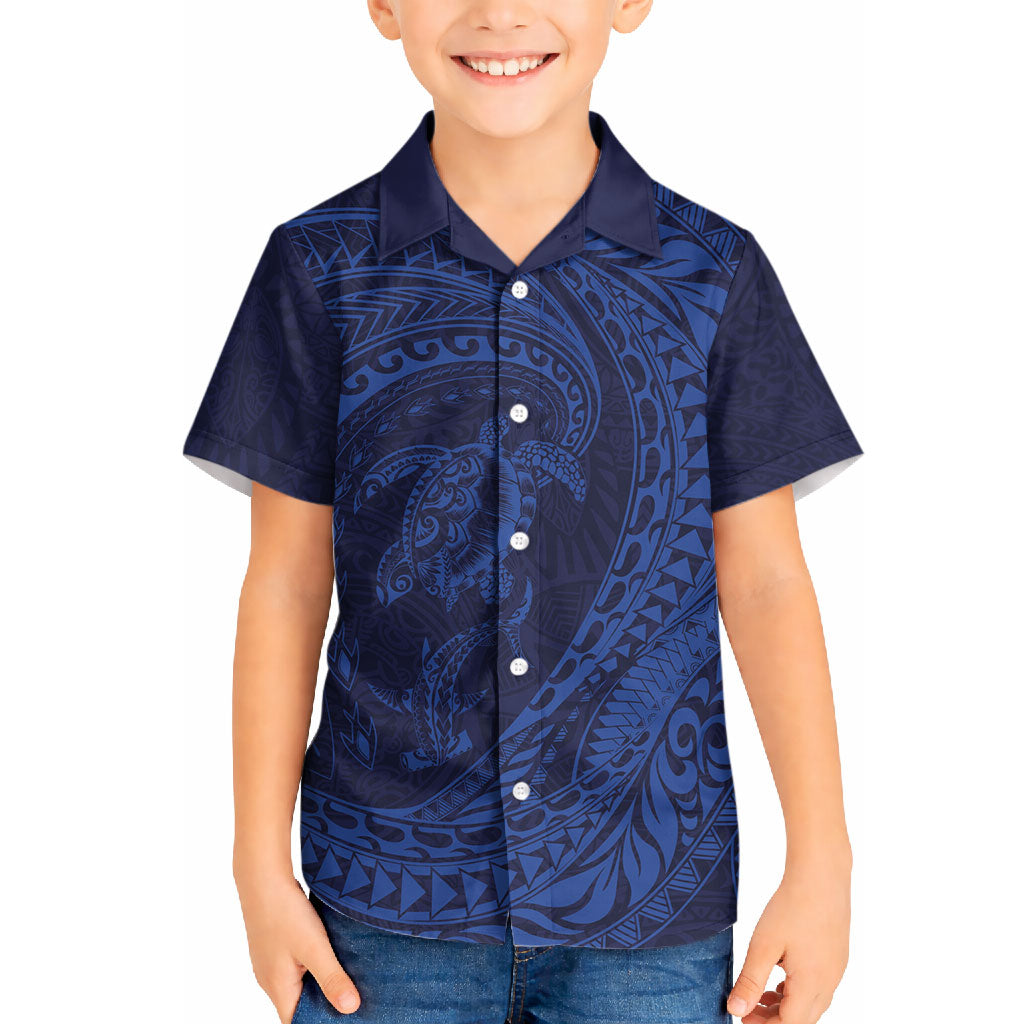 Hawaiian Turtle and Shark Hawaiian Shirt Kakau Tribal with Polynesian Pattern Blue Color