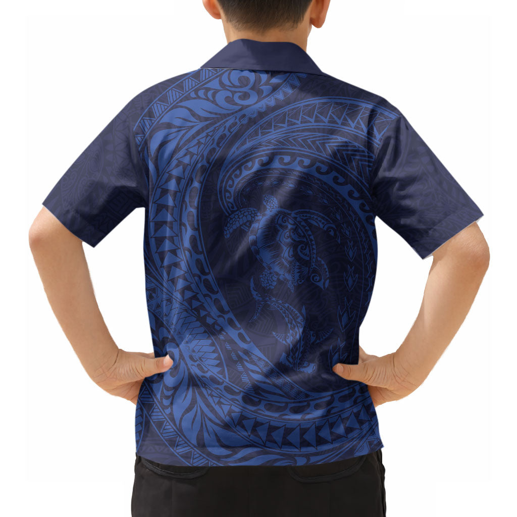 Hawaiian Turtle and Shark Hawaiian Shirt Kakau Tribal with Polynesian Pattern Blue Color