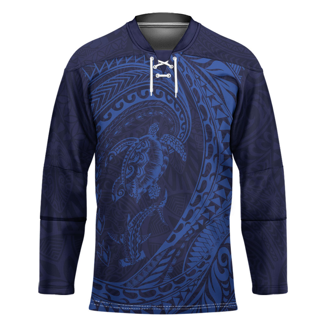 Hawaiian Turtle and Shark Hockey Jersey Kakau Tribal with Polynesian Pattern Blue Color