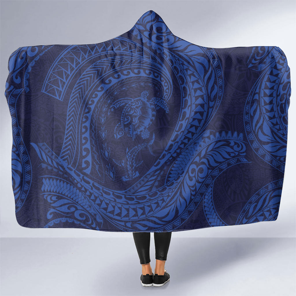 Hawaiian Turtle and Shark Hooded Blanket Kakau Tribal with Polynesian Pattern Blue Color