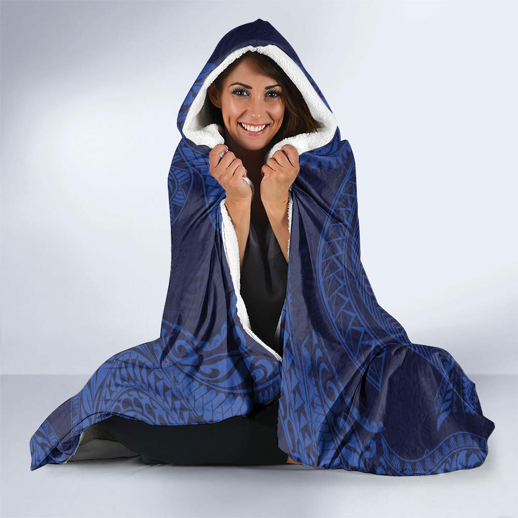 Hawaiian Turtle and Shark Hooded Blanket Kakau Tribal with Polynesian Pattern Blue Color