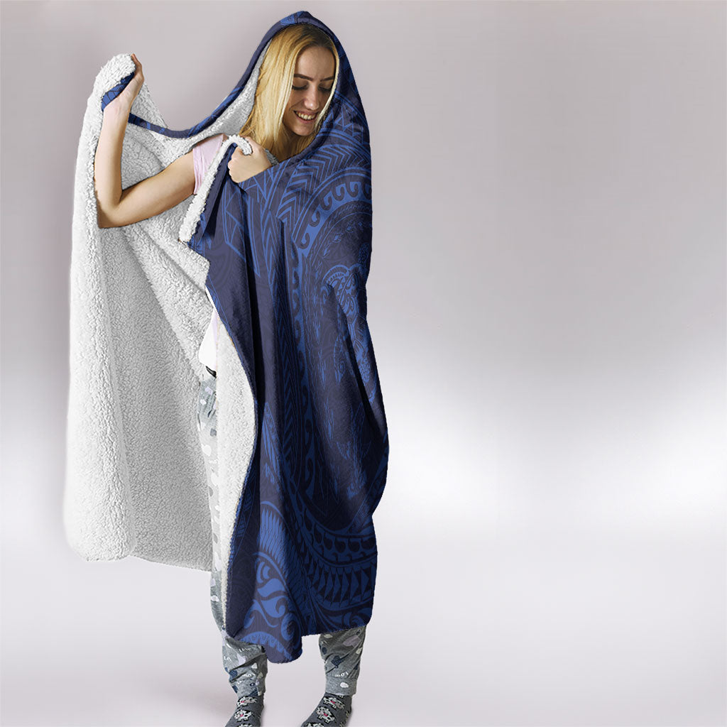 Hawaiian Turtle and Shark Hooded Blanket Kakau Tribal with Polynesian Pattern Blue Color